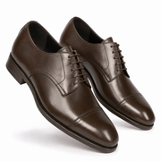 Angled view of dark brown leather Derby shoes for men
