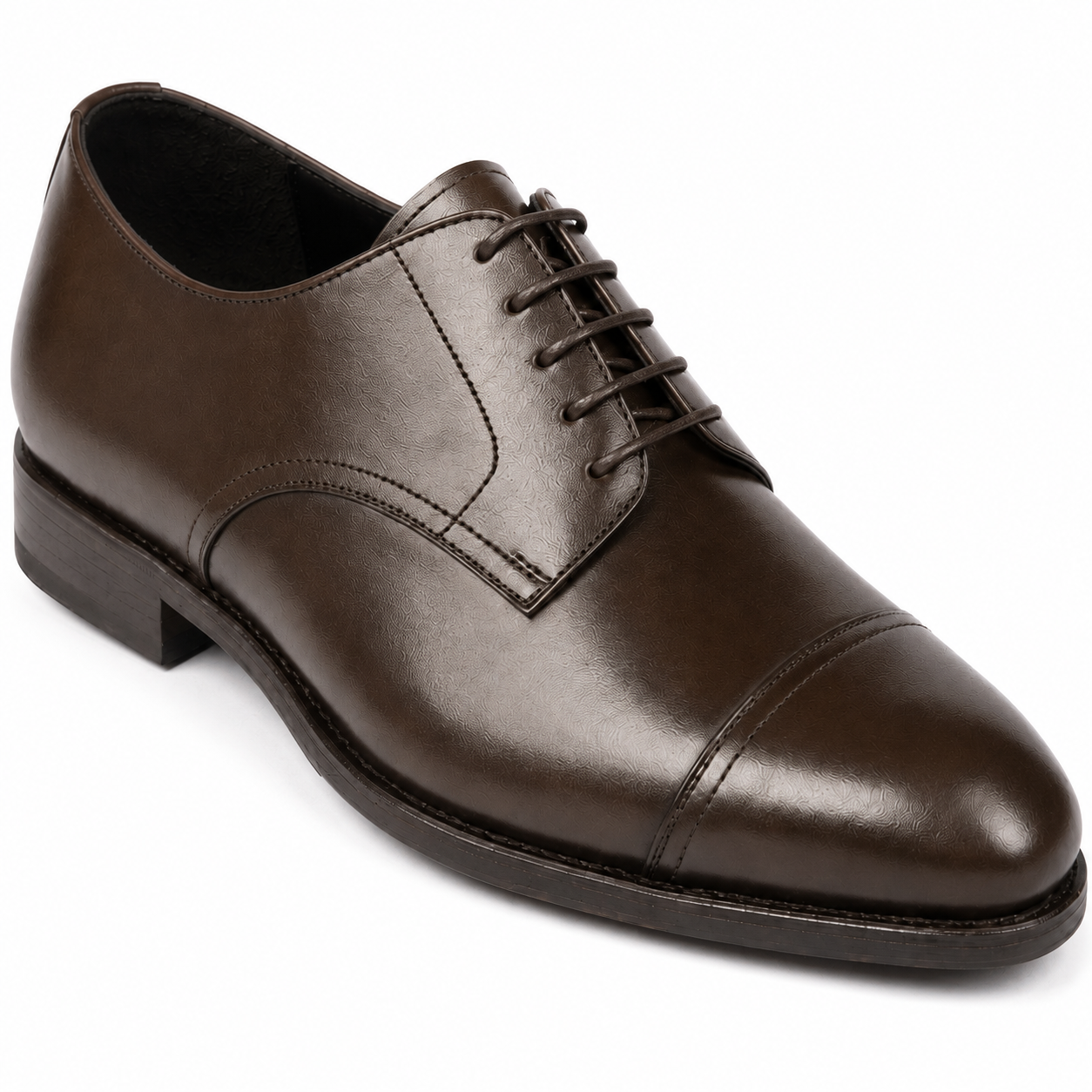 Side view of dark brown leather lace-up Derby dress shoe