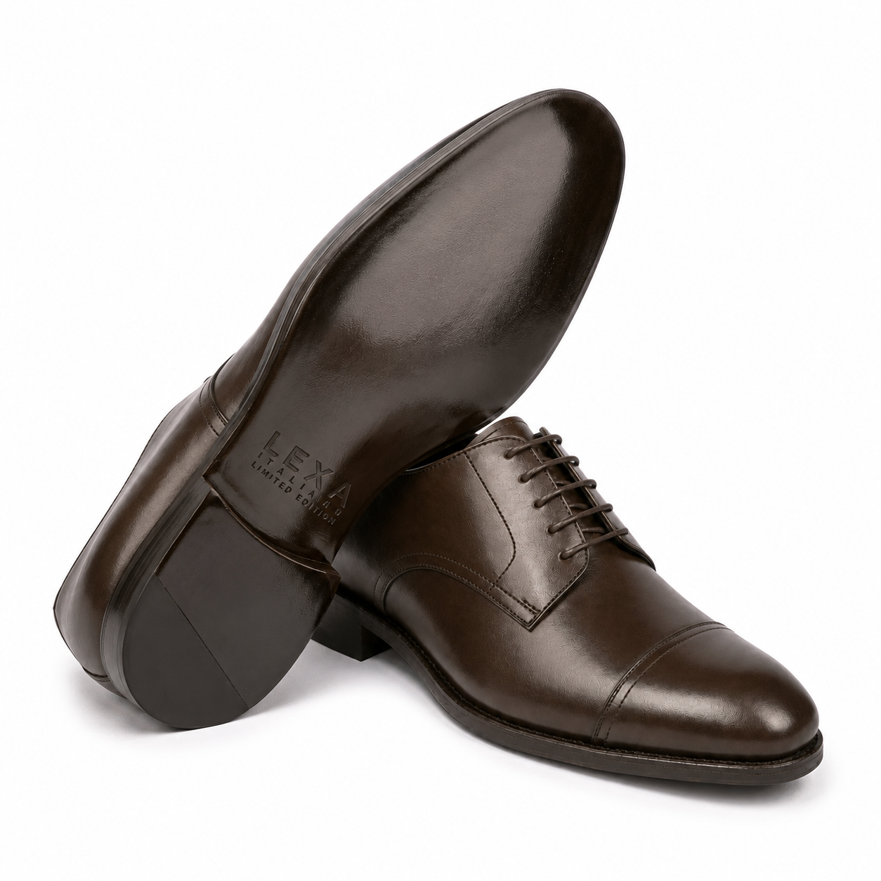 Angled view of dark brown leather Derby shoe showing the sole