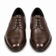Front view of dark brown leather Derby shoes for men