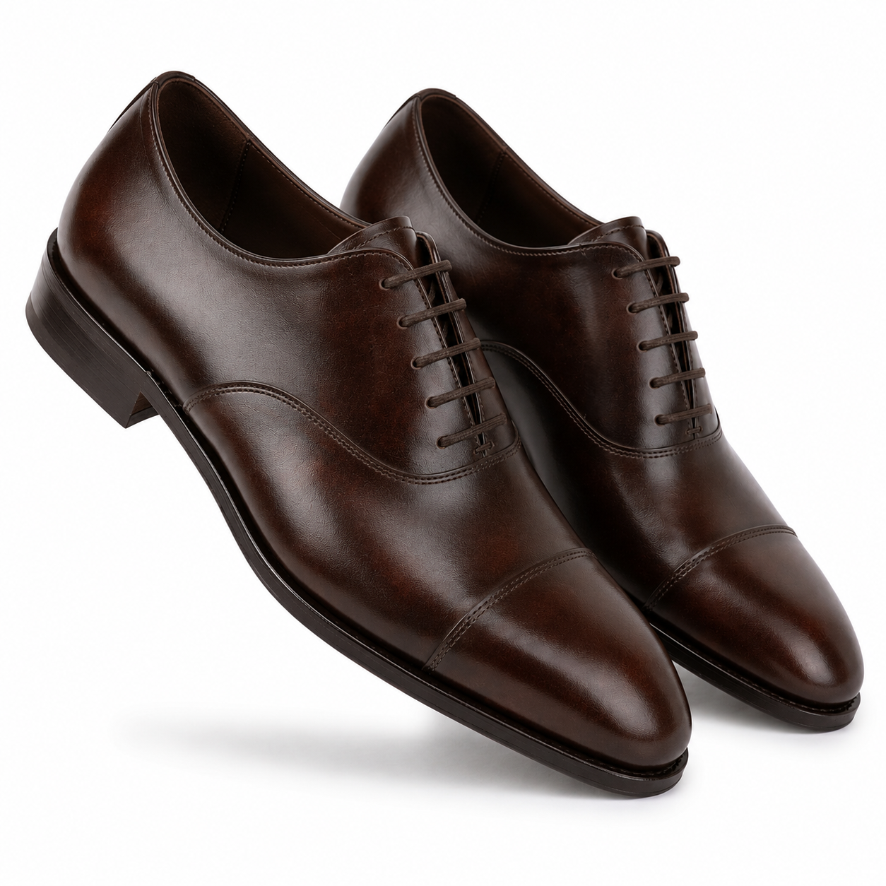 Angled view of dark brown leather Oxford shoes for men