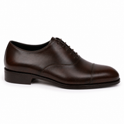 Side profile of a dark brown leather Oxford formal shoe