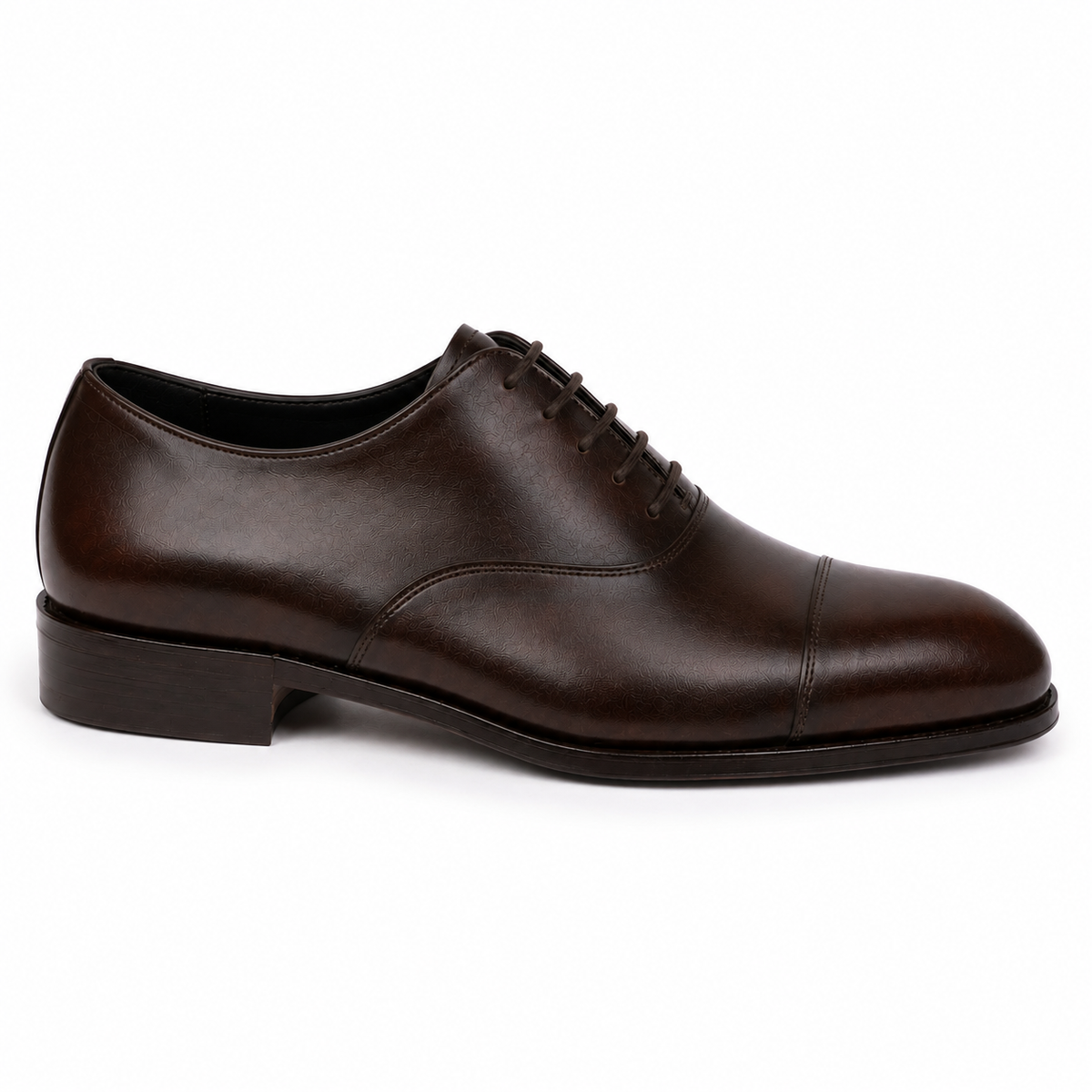 Side profile of a dark brown leather Oxford formal shoe