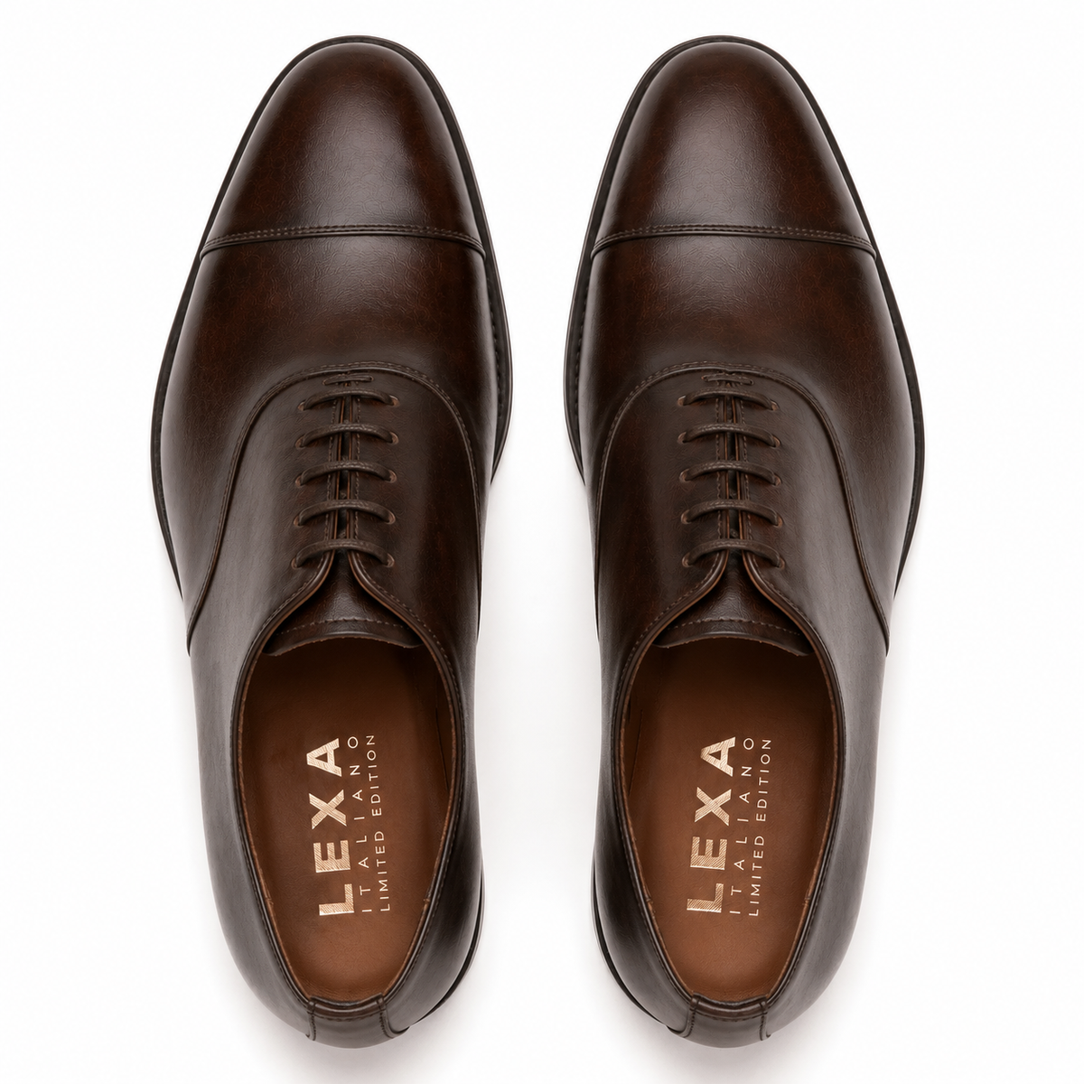 Top view of dark brown leather Oxford shoes for men