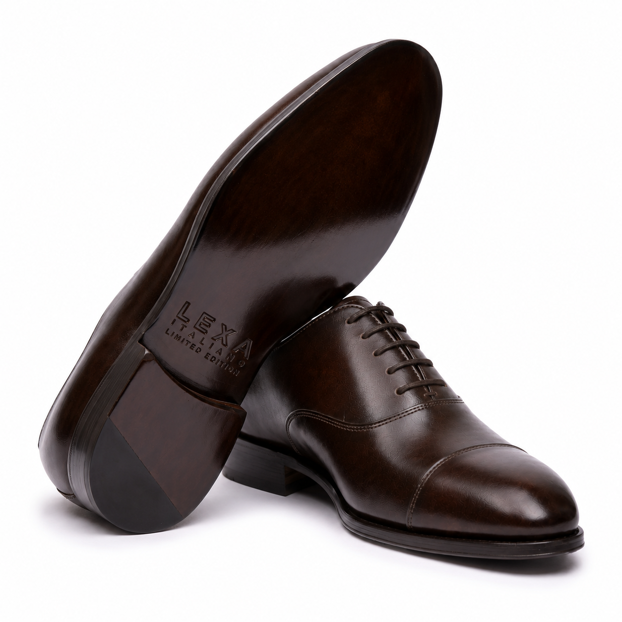 Bottom view of dark brown leather Oxford shoes showing the sole design