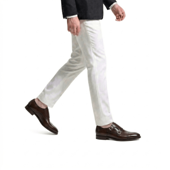 Men walking wearing brown double monk strap leather shoes with cream trousers elegant formal outfit premium dress shoes style