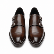 Front view of dark brown leather double monk strap shoes