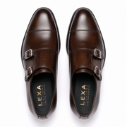 Top view of dark brown leather double monk strap shoes