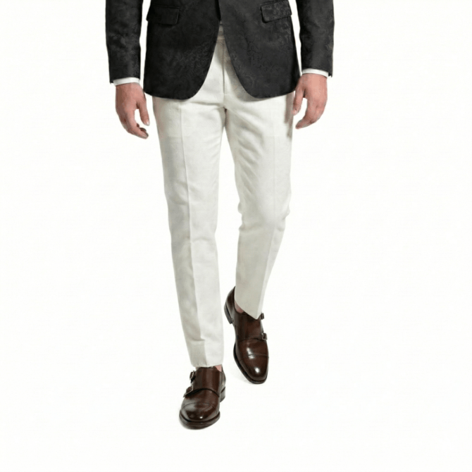 Men wearing brown double monk strap shoes with cream trousers and black blazer elegant formal outfit style