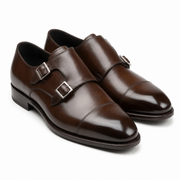Dark brown leather double monk strap shoes for men