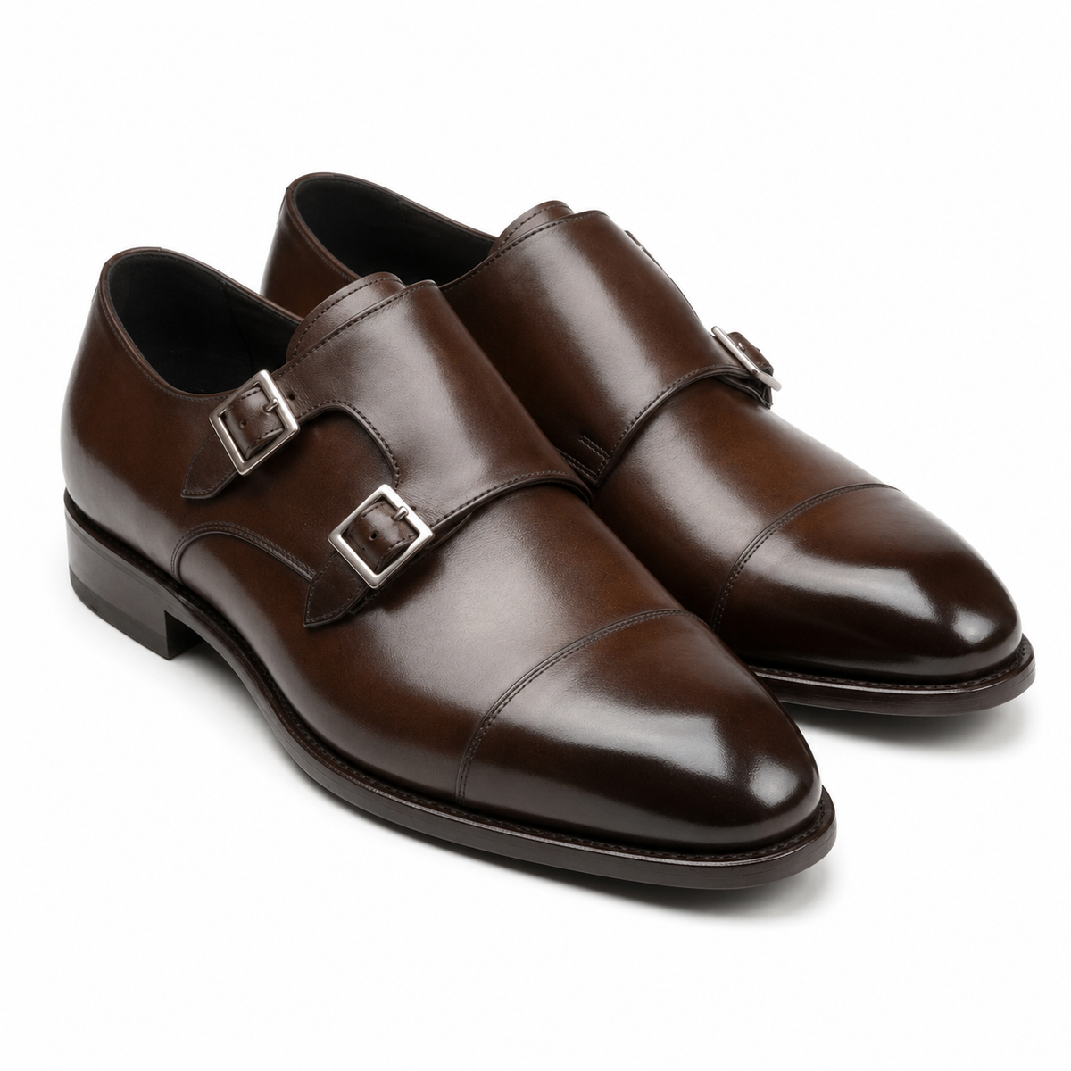 Dark brown leather double monk strap shoes for men