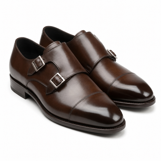 Brown Double Monk Strap Leather Shoes