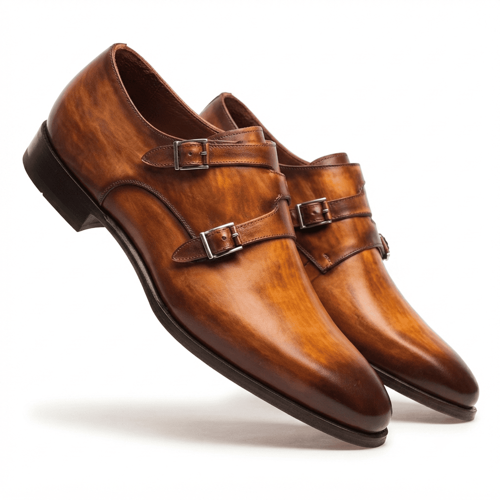 Brown leather double monk strap shoe angled view