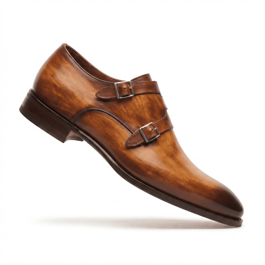 Brown leather double monk strap shoe single side view