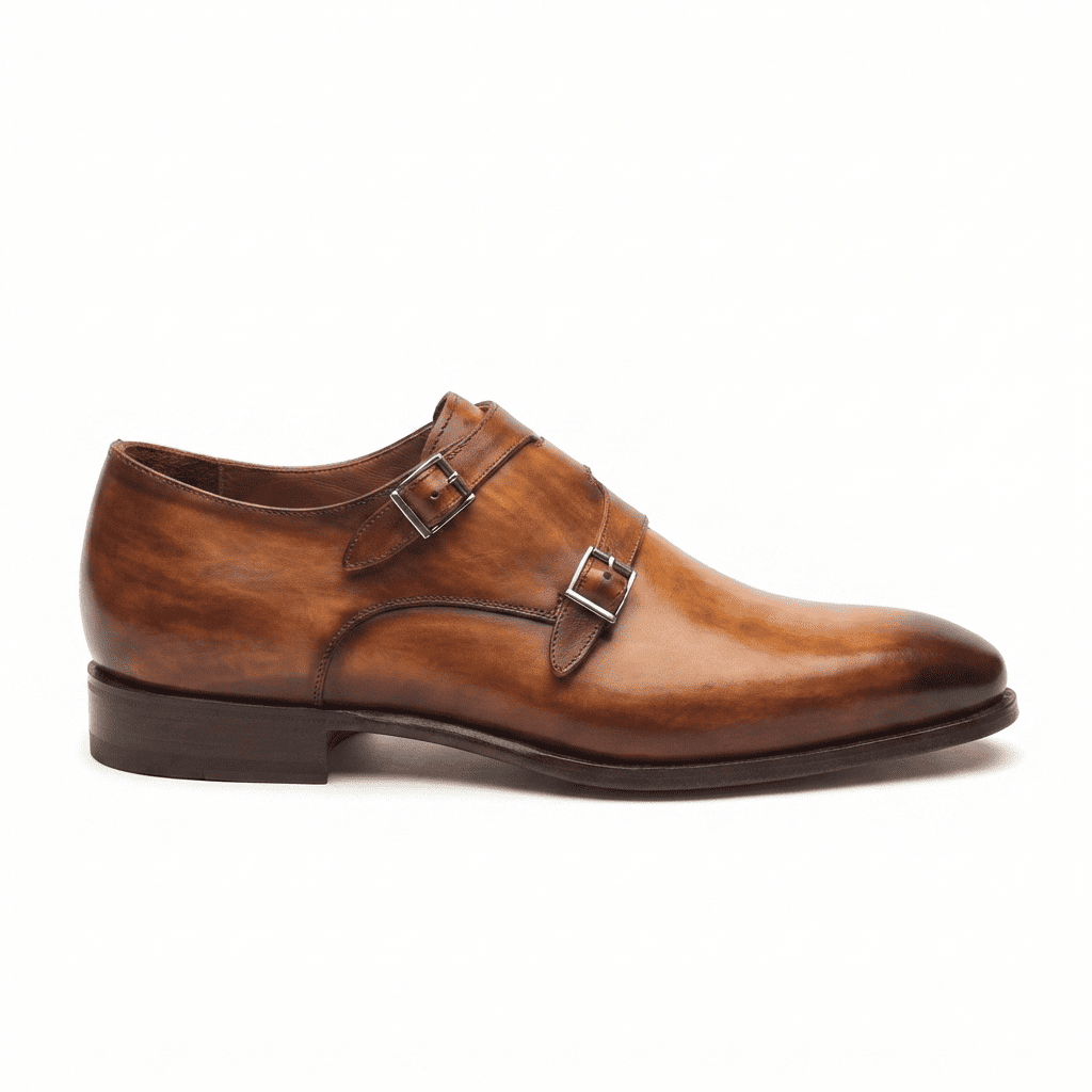 Brown leather double monk strap shoe side profile