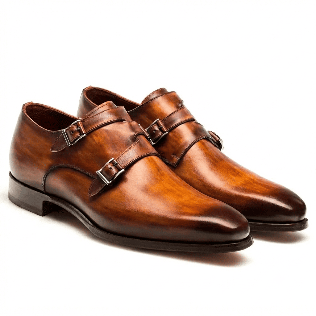 Brown leather double monk strap shoes for men