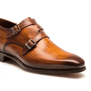 Brown leather double monk strap shoe side view