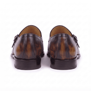 Pair of brown double monk strap shoes rear view