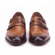 Brown leather double monk strap shoes front view
