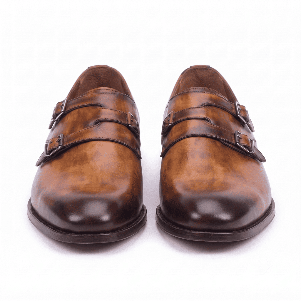 Brown leather double monk strap shoes front view