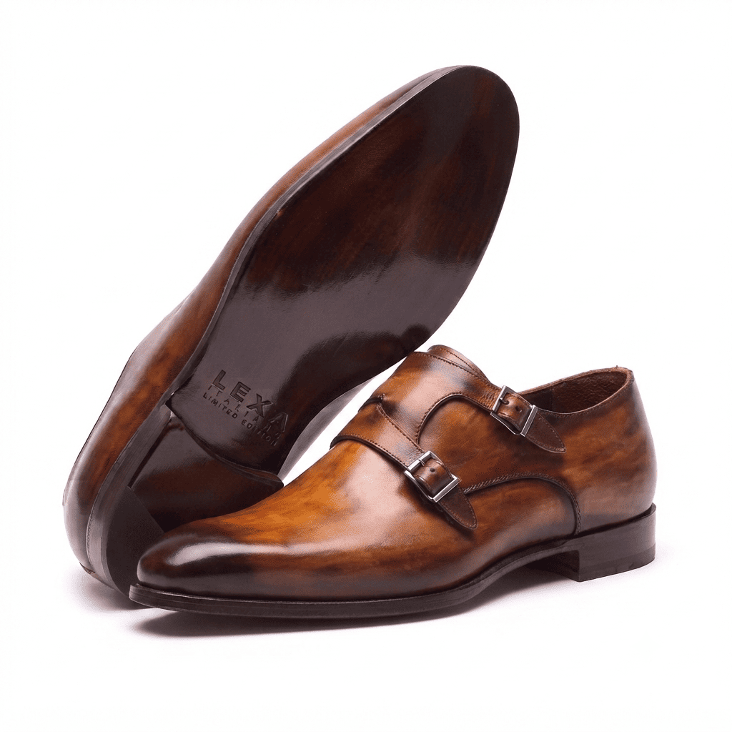 Brown leather double monk strap shoe sole and side view