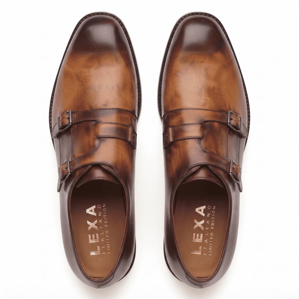 Pair of brown leather double monk strap shoes viewed from above