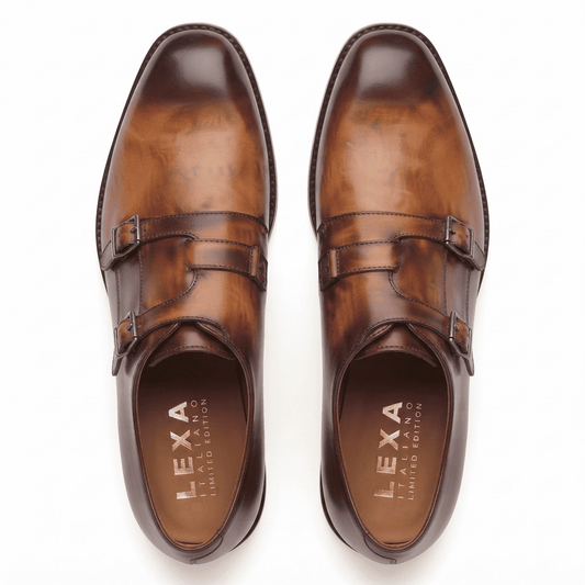Brown Double Monk Strap Leather Shoes for Men