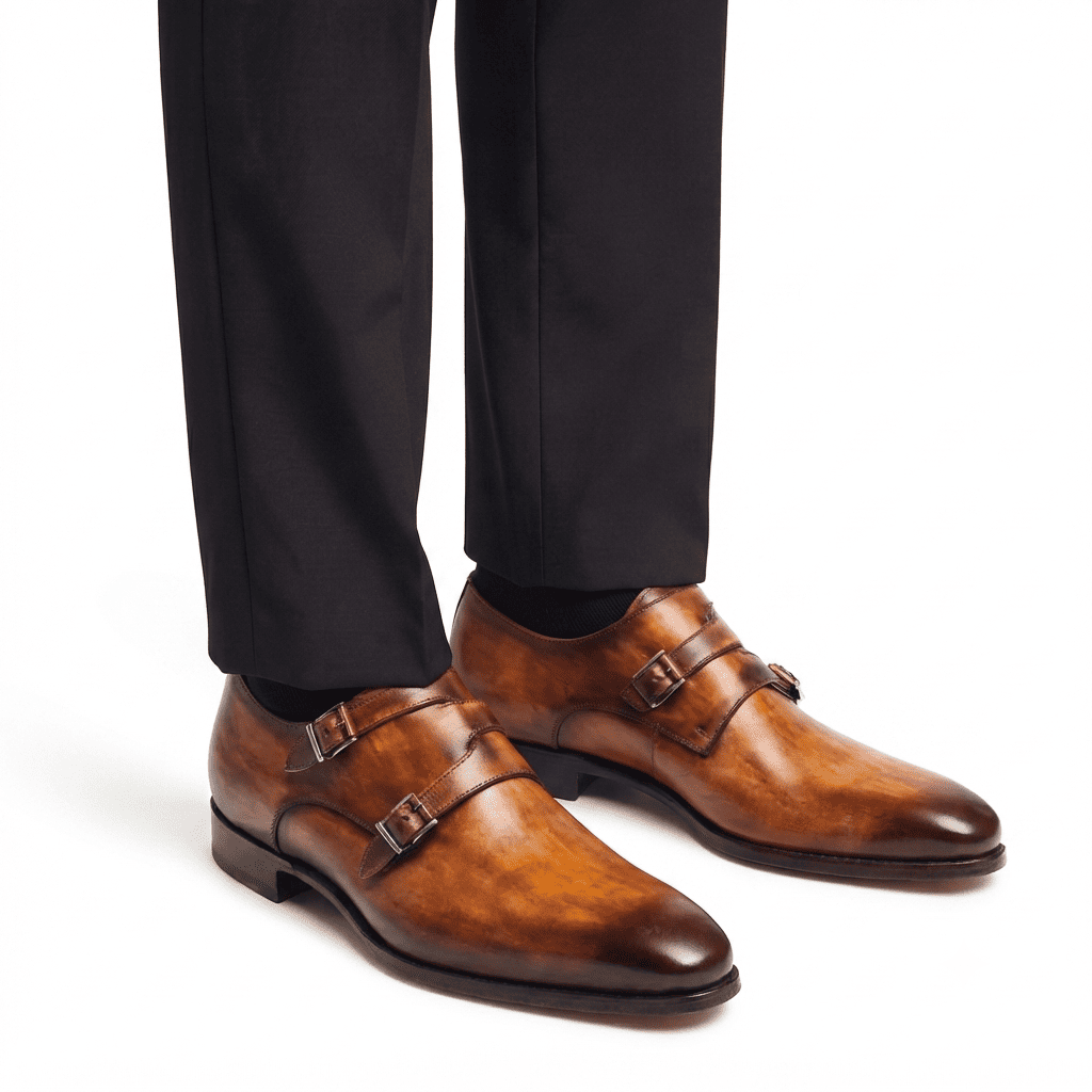 Brown double monk strap shoes worn with formal trousers