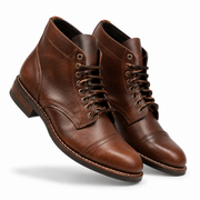 Front view of brown leather lace-up ankle boots for men
