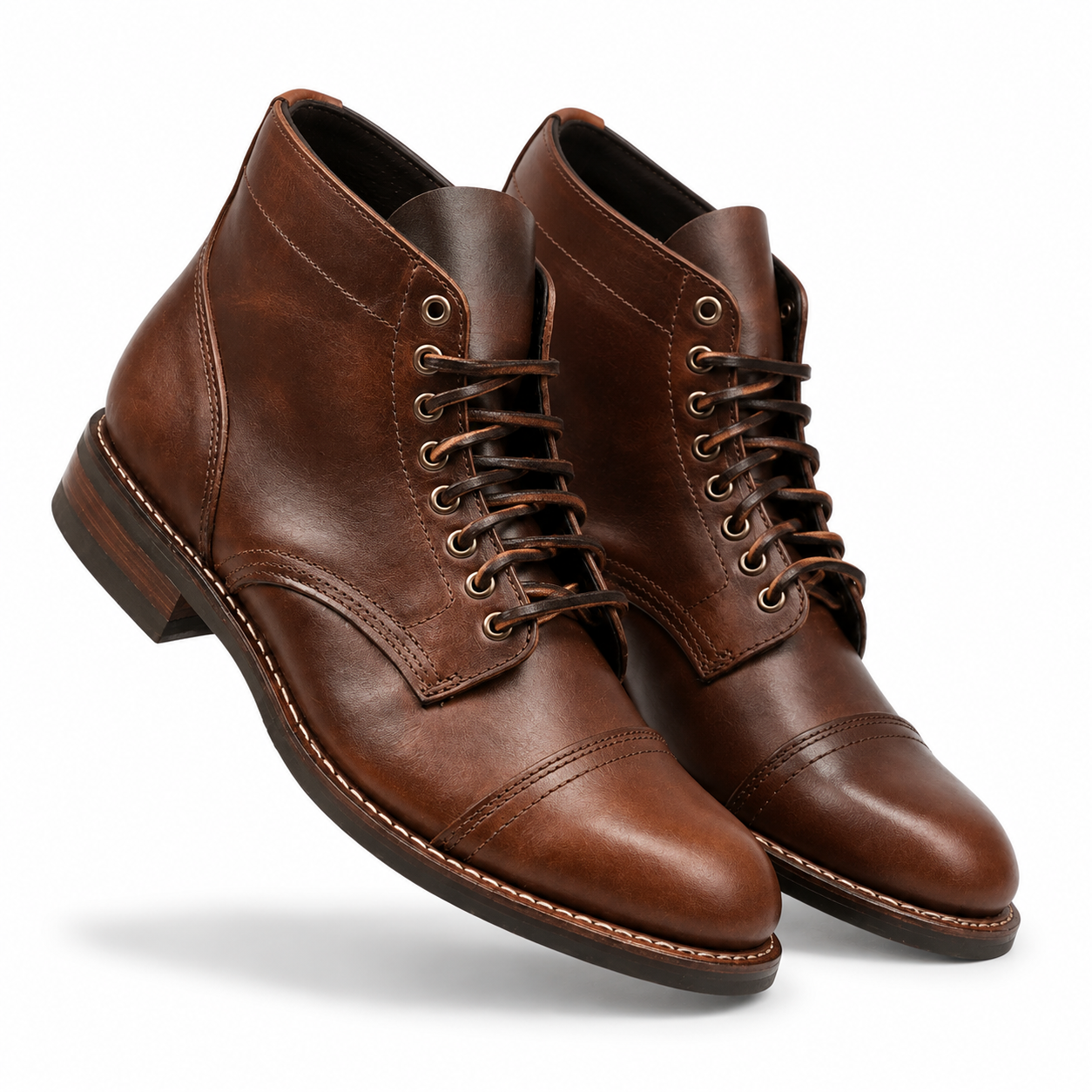 Front view of brown leather lace-up ankle boots for men