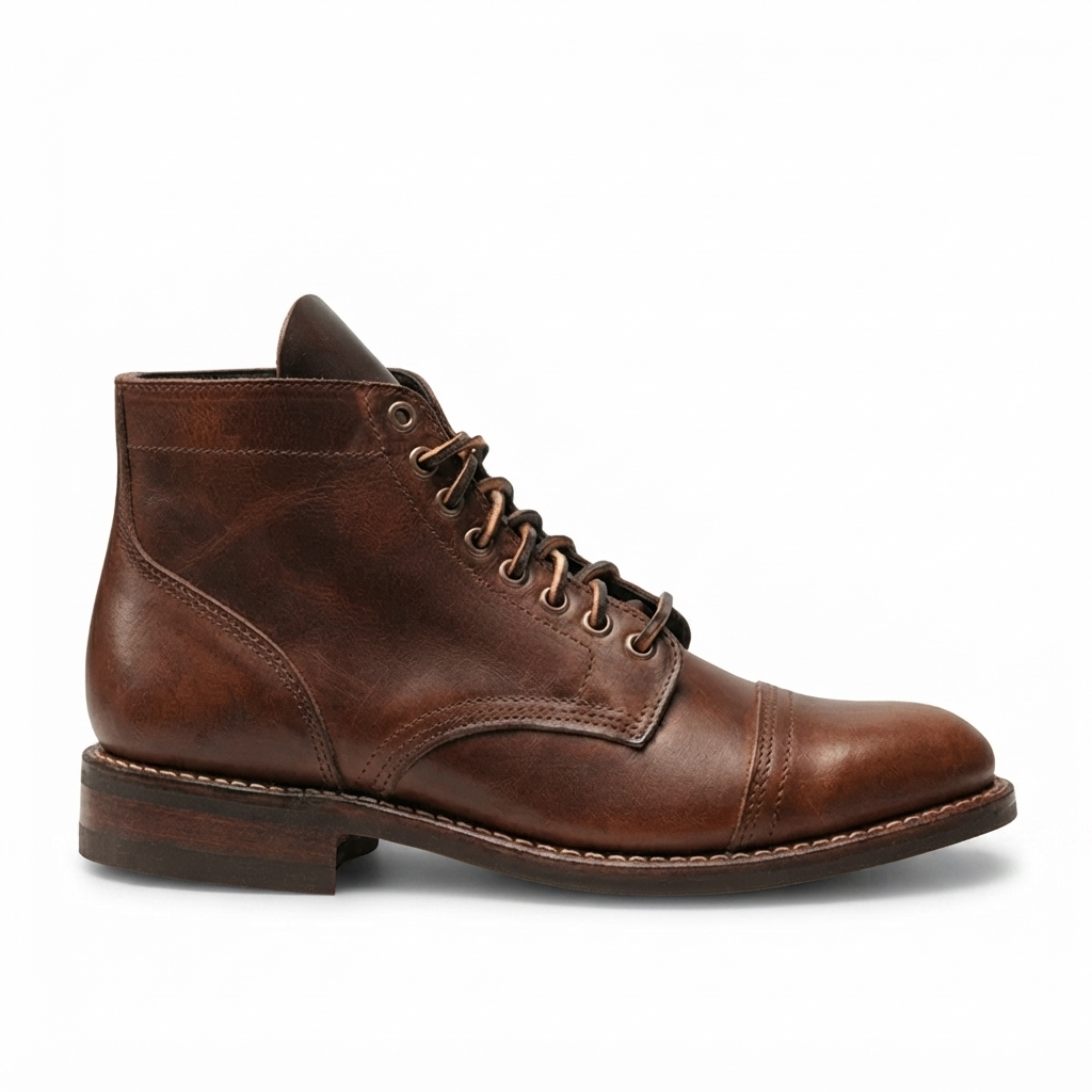 Side profile of brown leather lace-up ankle boot for men