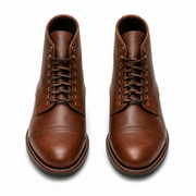 Front view of brown leather lace-up ankle boots for men