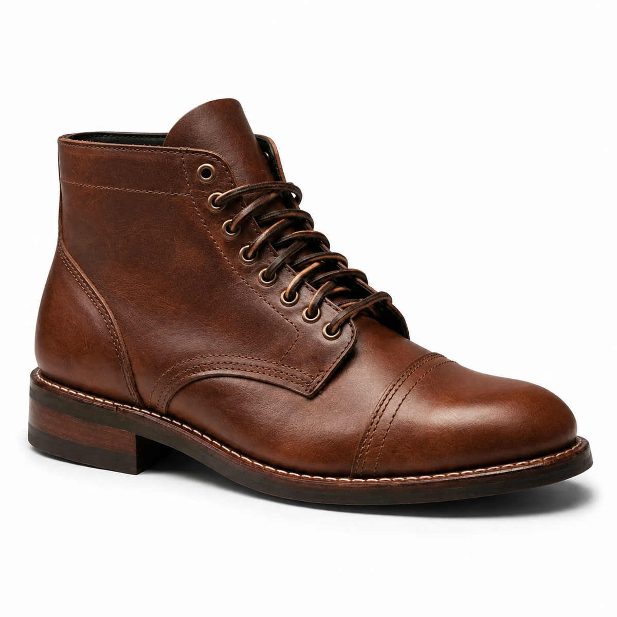 Side view of brown leather lace-up ankle boot for men