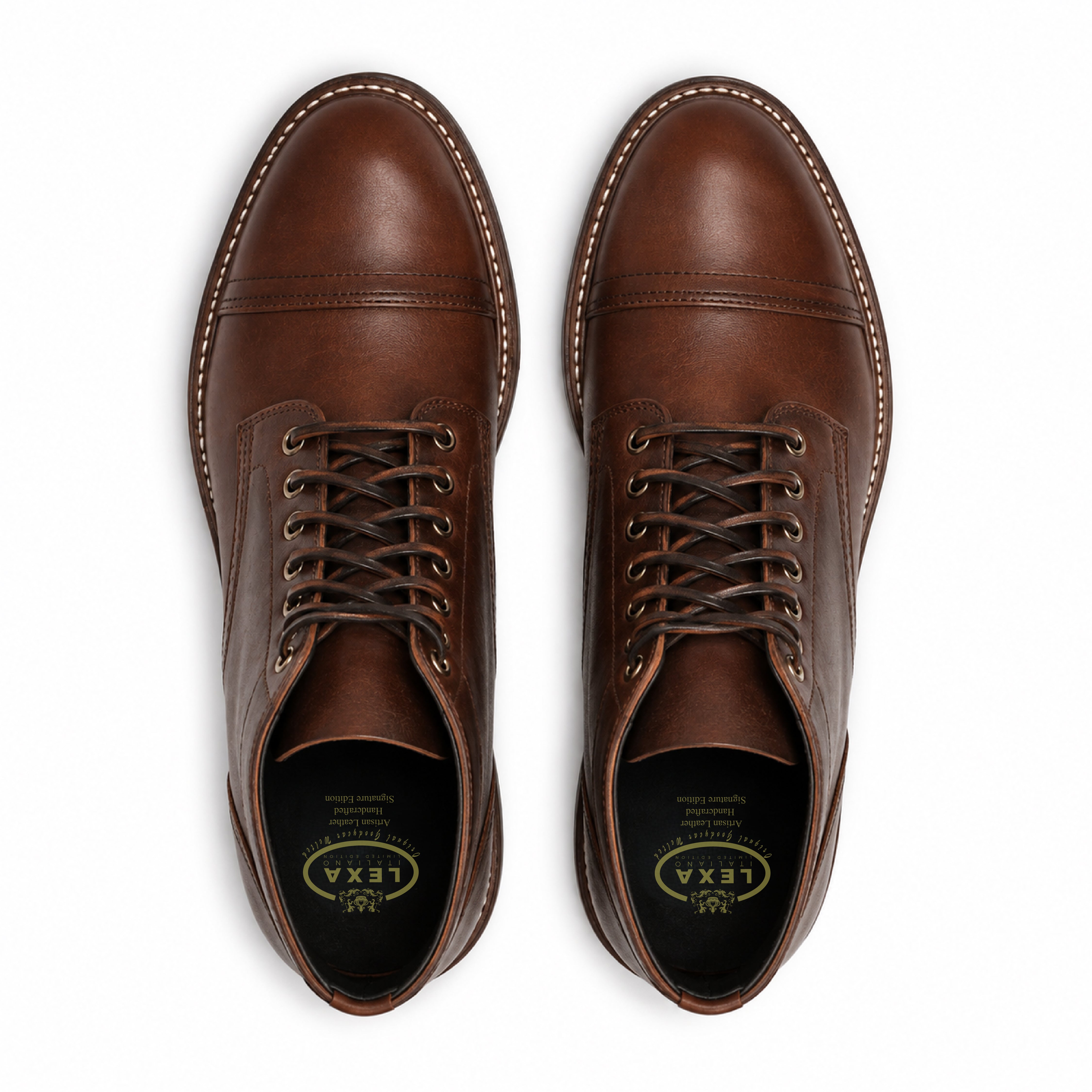 Top view of brown leather lace-up ankle boots for men