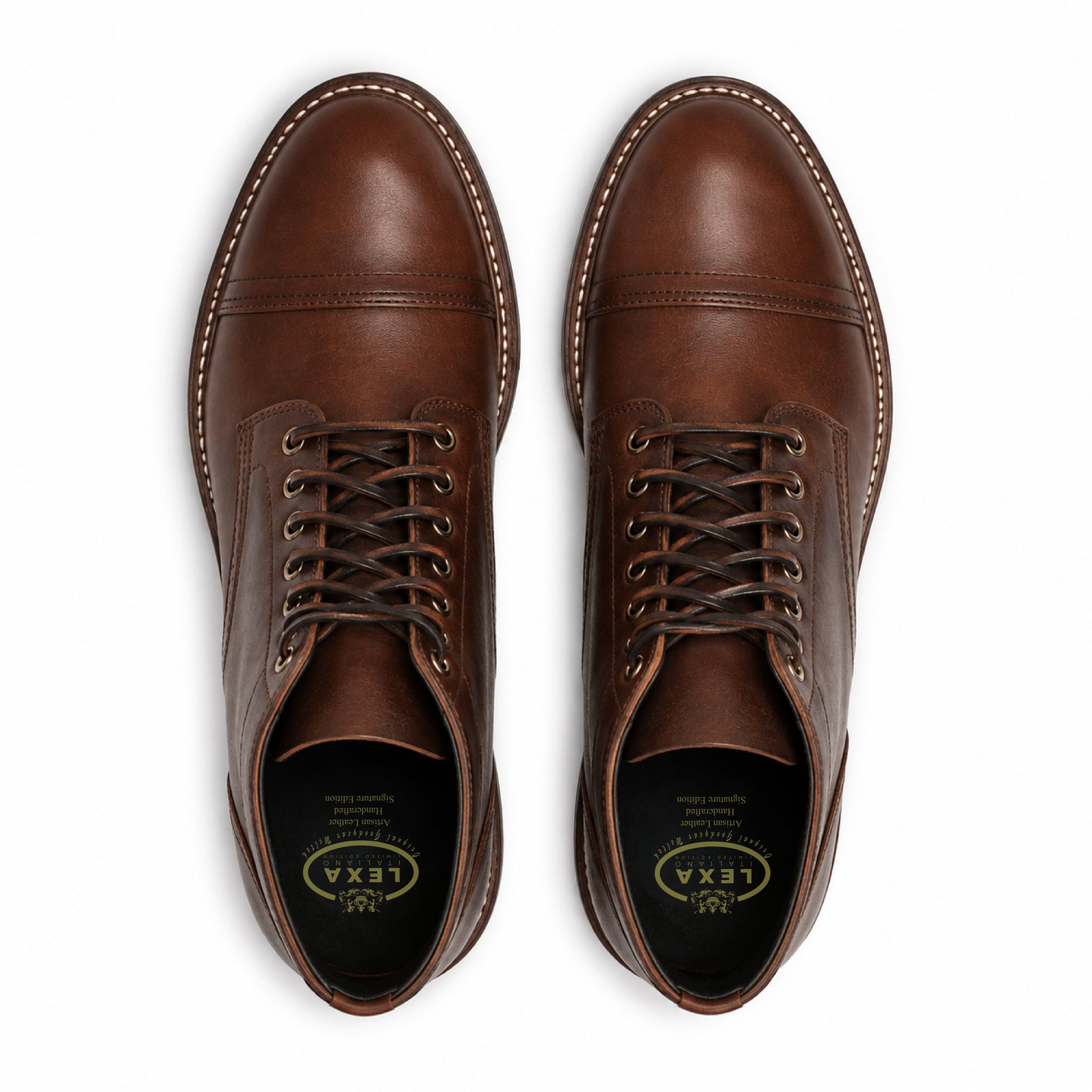 Top view of brown leather lace-up ankle boots for men