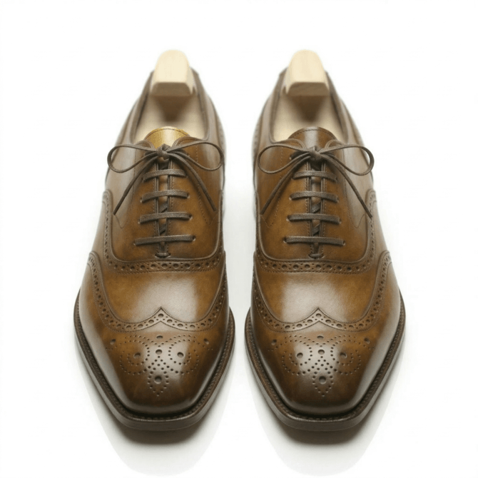 Pair of men's tan leather wingtip brogue oxford shoes with decorative perforations and cedar shoe trees on a white background.