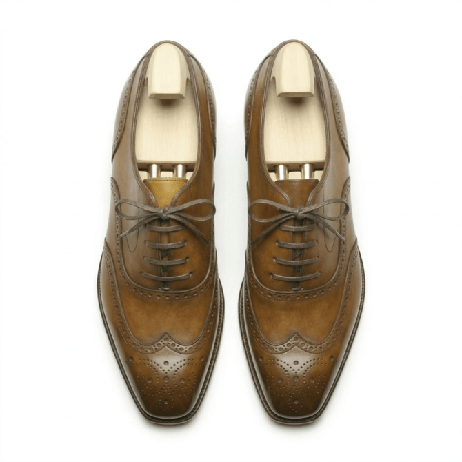 Top-down view of premium tan leather wingtip brogue shoes for men with intricate perforated detailing and wooden shoe trees.