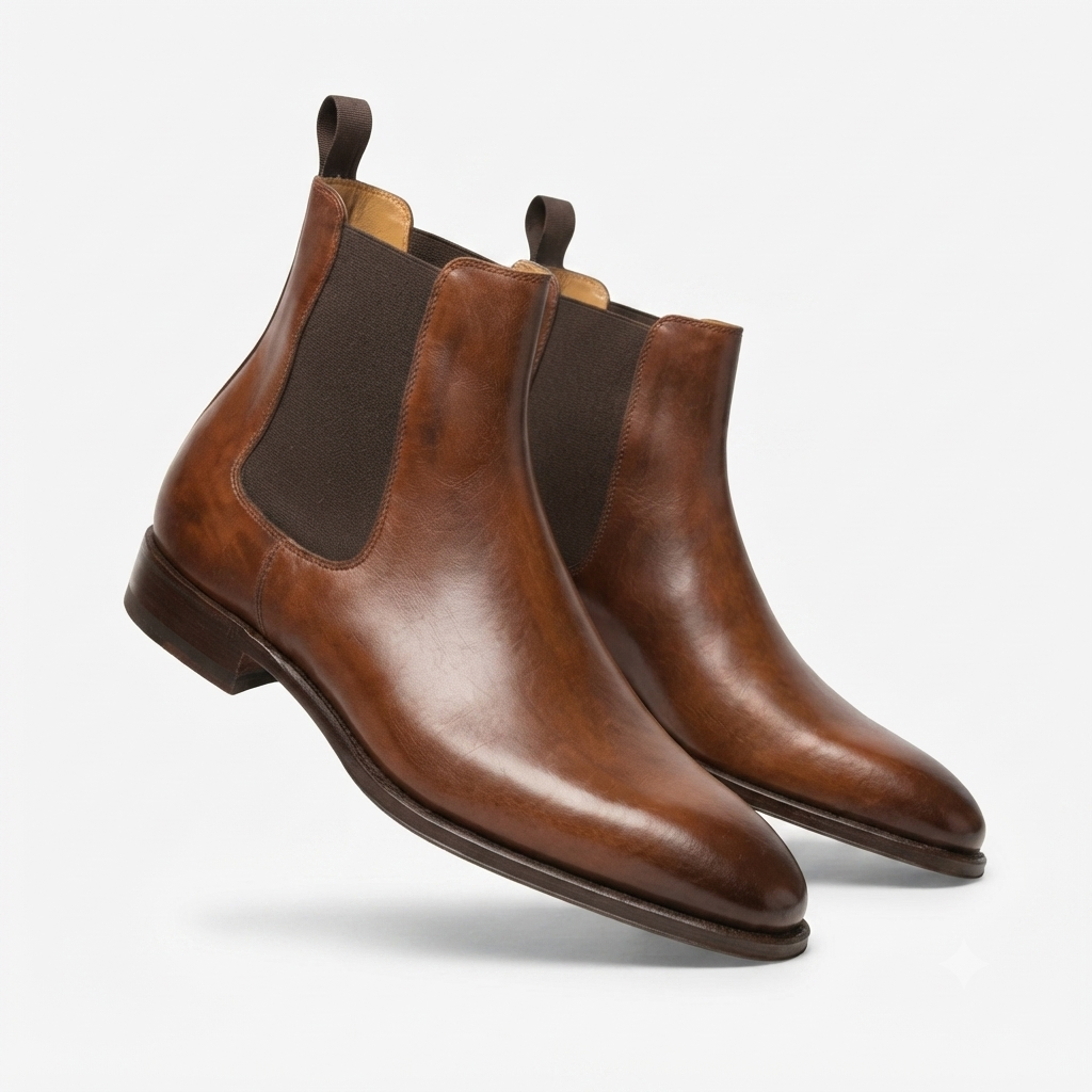 Angled perspective view of brown leather Chelsea boots standing dynamic.