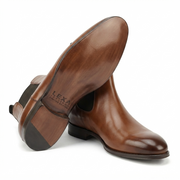 Bottom outsole and side view showing smooth dress shoe sole construction.