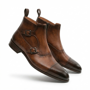 Brown Leather Double Monk Strap Boots for Men