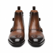 Brown Leather Double Monk Strap Boots for Men