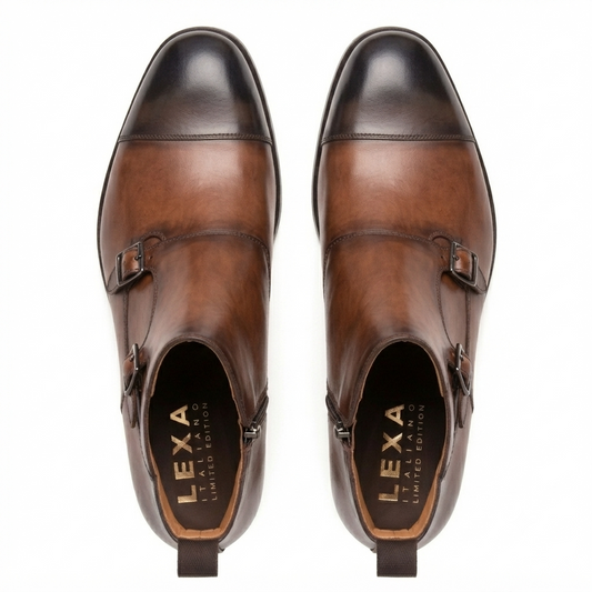 Brown Leather Double Monk Strap Boots for Men