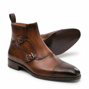 Brown Leather Double Monk Strap Boots for Men
