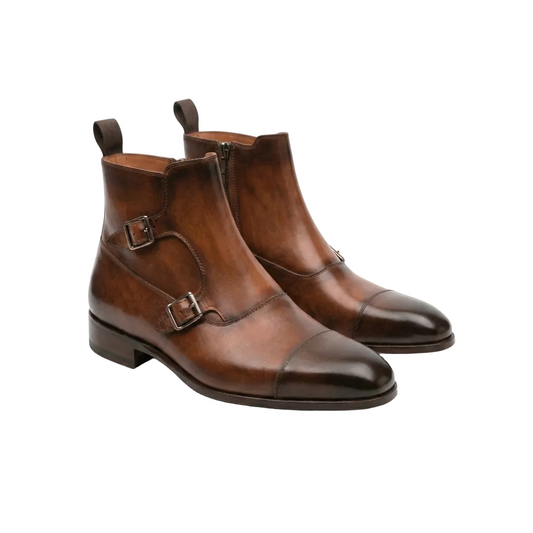 Brown Leather Double Monk Strap Boots for Men