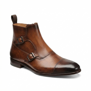 Brown Leather Double Monk Strap Boots for Men