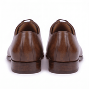 Rear view of brown leather Oxford shoes showing heel detail