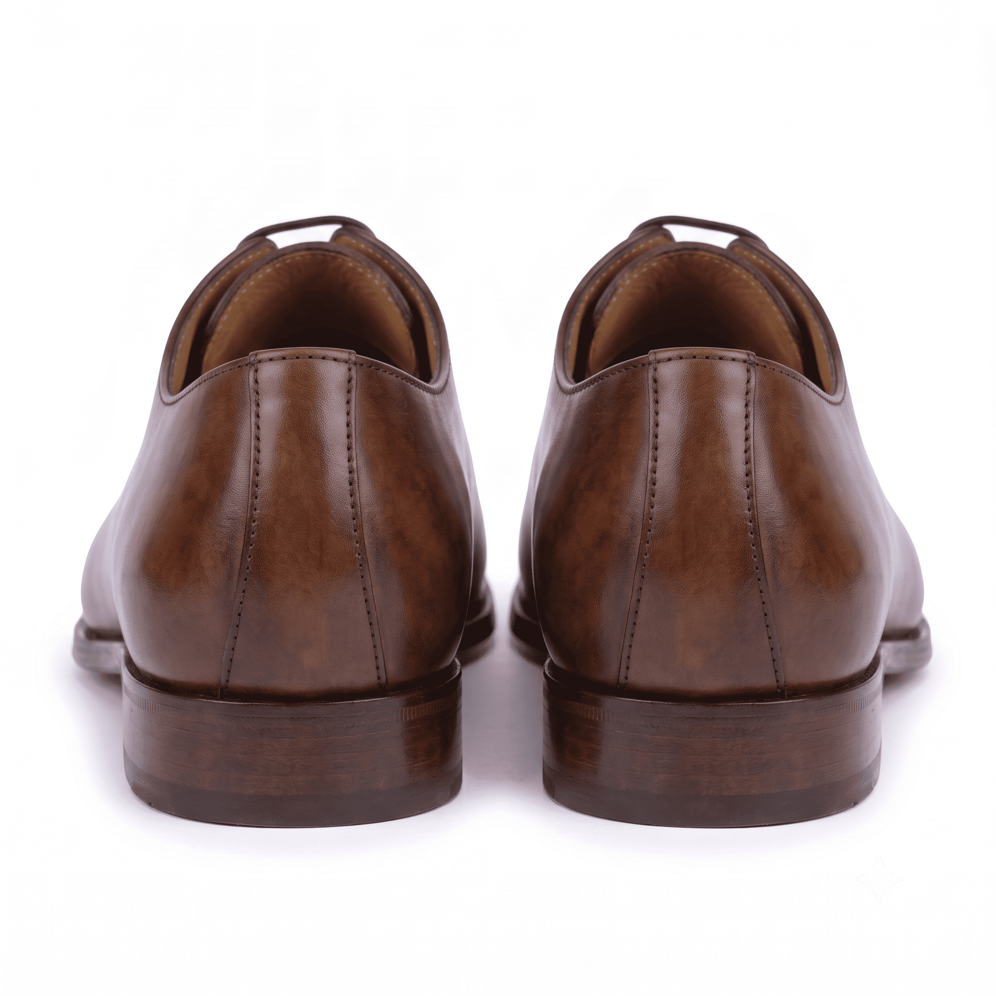 Rear view of brown leather Oxford shoes showing heel detail