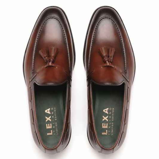 Top view of brown leather tassel loafers for men