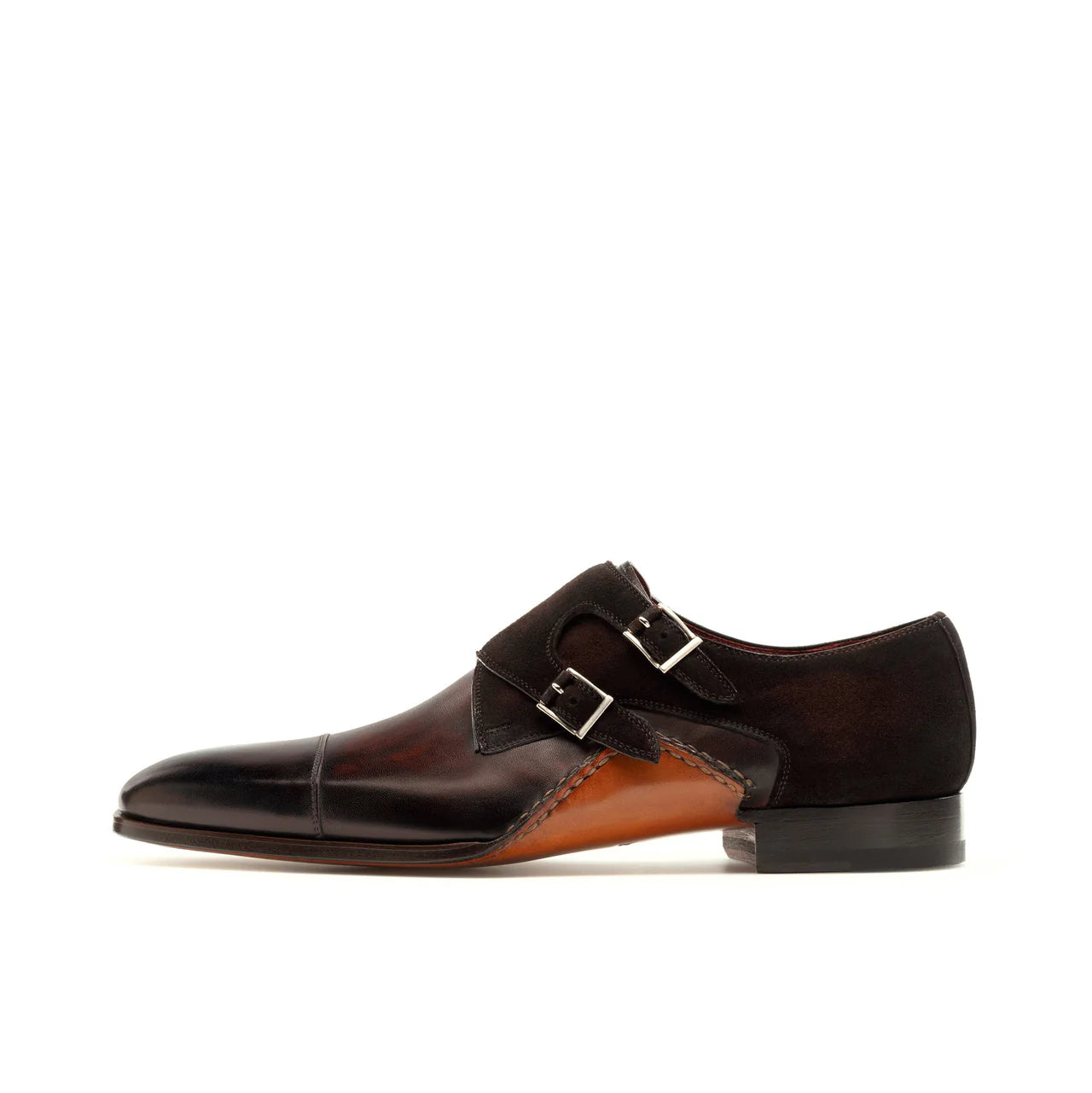 Brown Leather & Suede Bourke Monk Straps Shoes