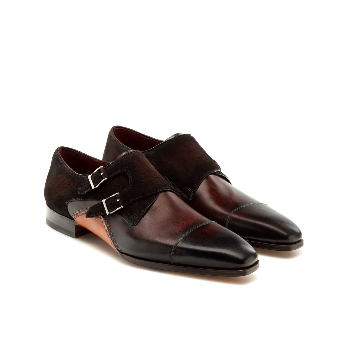 Brown Leather & Suede Bourke Monk Straps Shoes